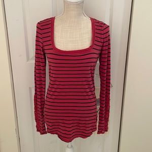 Free People Red Striped Long Crochet Sleeve Top